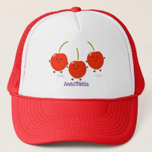 Cute jumping red cherries cartoon illustration trucker hat
