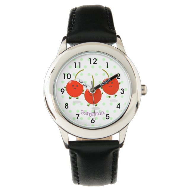Cute jumping red cherries cartoon illustration watch (Front)