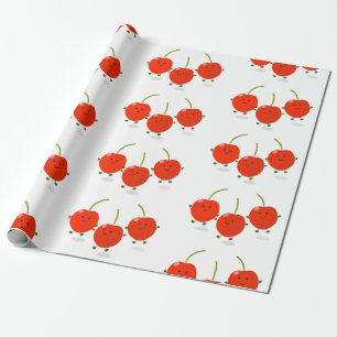 Cute jumping red cherries cartoon illustration wrapping paper