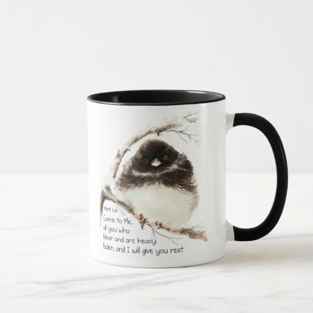Cute Junco Bird, Scripture, Matt 11:28, Rest Mug (Right)