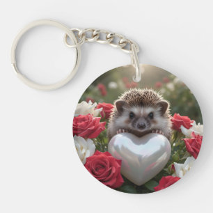 Cute June Hedgehog with Pearl Heart Key Ring