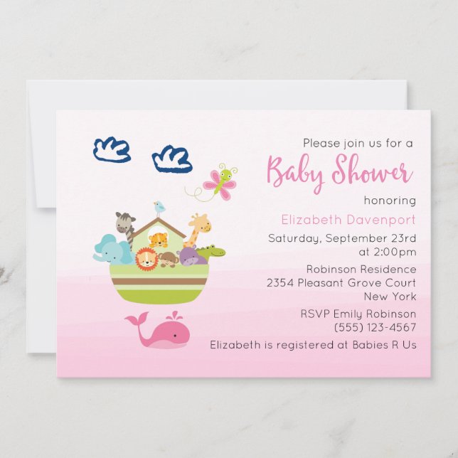 Cute Jungle Animal Ark  Baby Shower Pink Invitation (Front)