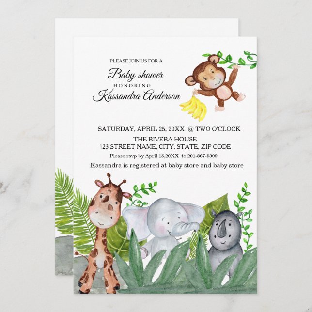 Cute Jungle Animal Baby Shower Invitation (Front/Back)