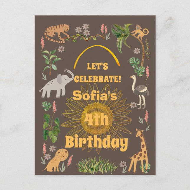 Cute Jungle Animal Birthday Invitation Postcard (Front)