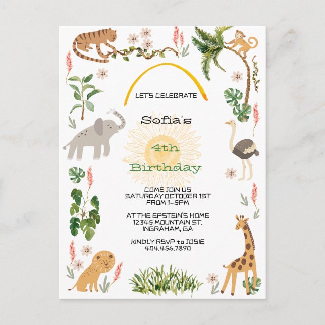Cute Jungle Animal Birthday Postcard (Front)