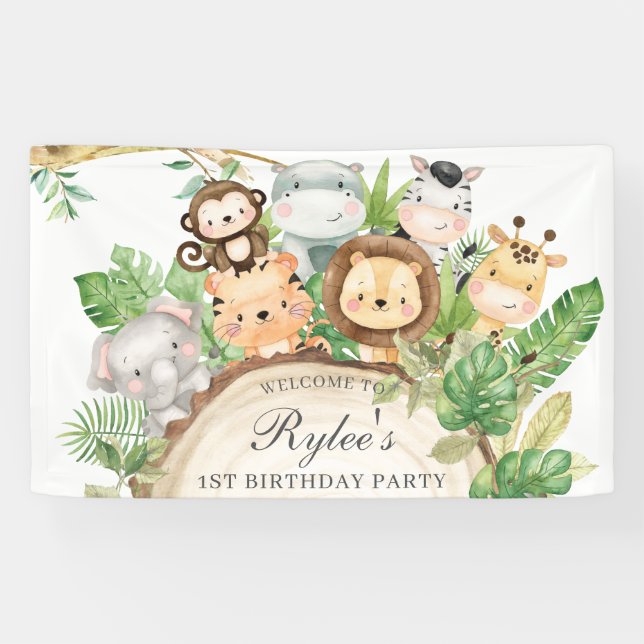 Cute Jungle Animals 1st Birthday Decor Backdrop Banner (Horizontal)