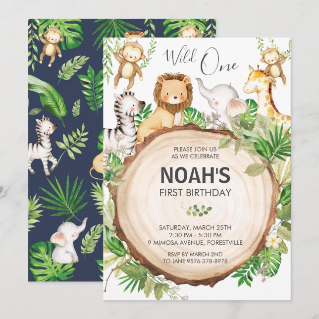 Cute Jungle Animals 1st Birthday Wild One Greenery Invitation (Front/Back)