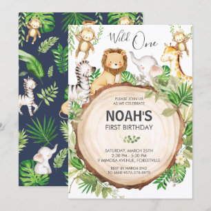 Cute Jungle Animals 1st Birthday Wild One Greenery Invitation