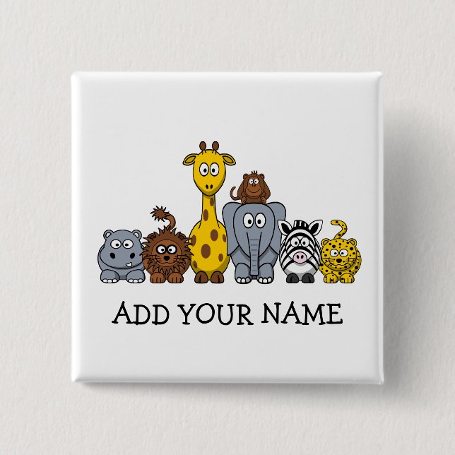CUTE JUNGLE ANIMALS ADD YOUR TEXT 15 CM SQUARE BADGE (Front)
