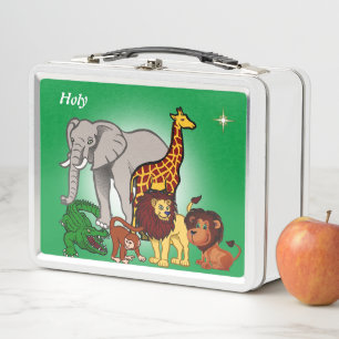 Cute jungle animals and star on green metal lunch box
