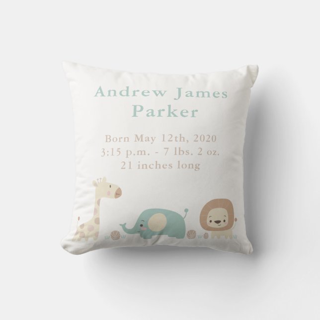 Cute Jungle Animals Baby Boy Announcement Pillow (Front)