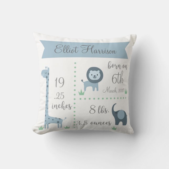 Cute Jungle Animals Baby Boy Announcement Pillow (Front)