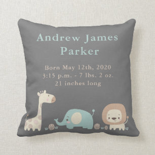 Cute Jungle Animals Baby Boy Announcement Pillow