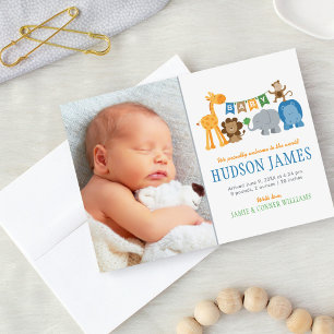 Cute Jungle Animals Baby Boy Blue Photo Birth Announcement