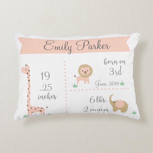Cute Jungle Animals Baby Girl Announcement Pillow (Front)