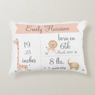 Cute Jungle Animals Baby Girl Announcement Pillow