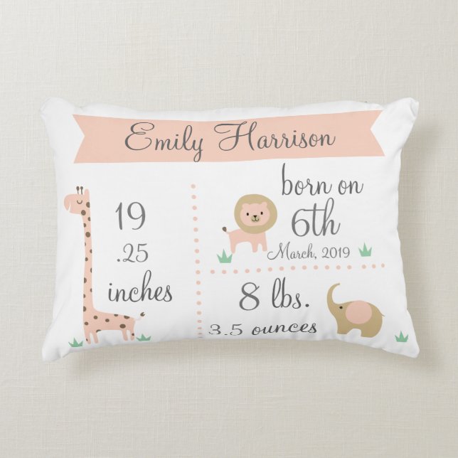 Cute Jungle Animals Baby Girl Announcement Pillow (Front)