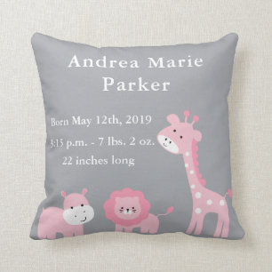 Cute Jungle Animals Baby Girl Announcement Pillow