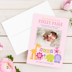 Cute Jungle Animals Baby Girl Pink Photo Birth Announcement