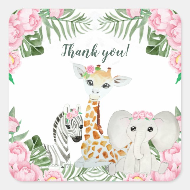 Cute Jungle Animals Baby Girl Shower Favour Square Sticker (Front)