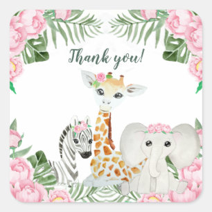Cute Jungle Animals Baby Girl Shower Favour Square Sticker