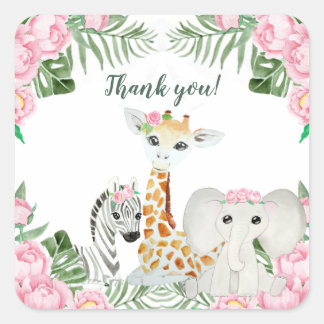 Cute Jungle Animals Baby Girl Shower Favour Square Sticker