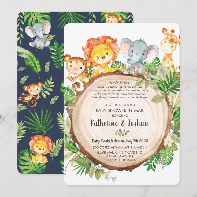 Cute Jungle Animals Baby Shower by Mail Greenery Invitation (Front/Back)