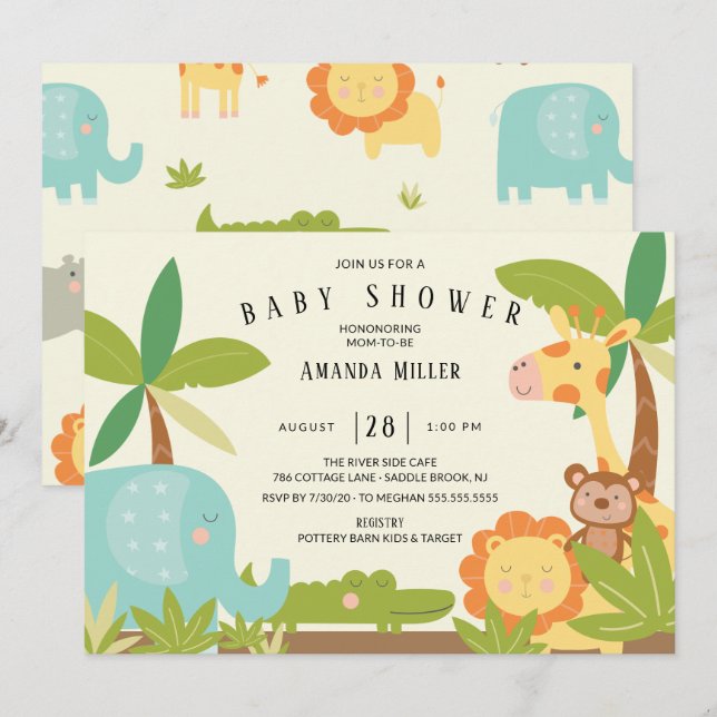 Cute Jungle Animals Baby Shower Invitation (Front/Back)