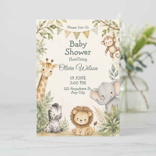 Cute Jungle Animals Baby Shower Invite (Standing Front)