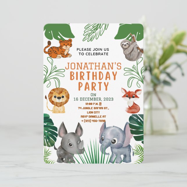 Cute Jungle Animals Birthday Party Invitation (Standing Front)