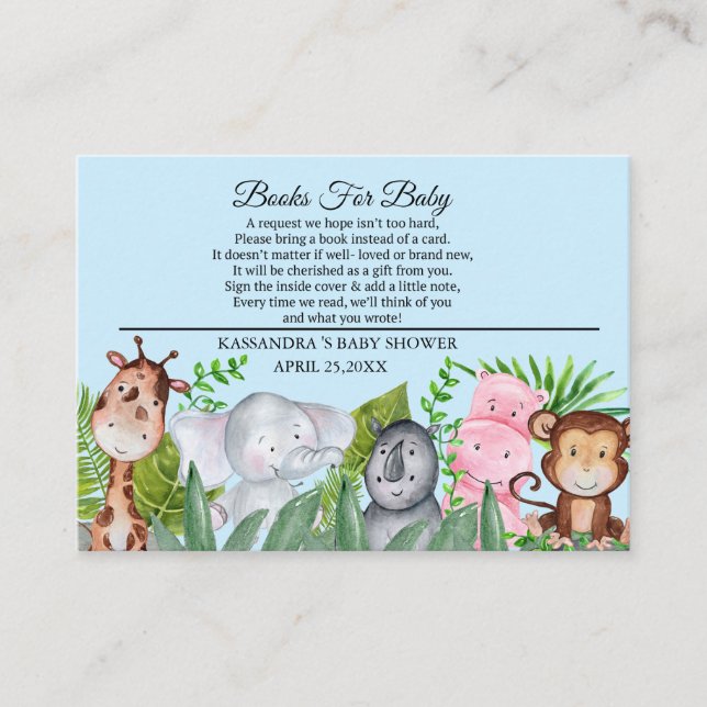 Cute Jungle Animals Blue Baby Shower Book For Baby Enclosure Card (Front)