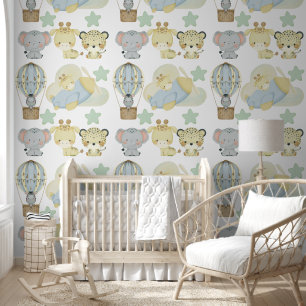 Cute Jungle Animals Blue Nursery Wallpaper