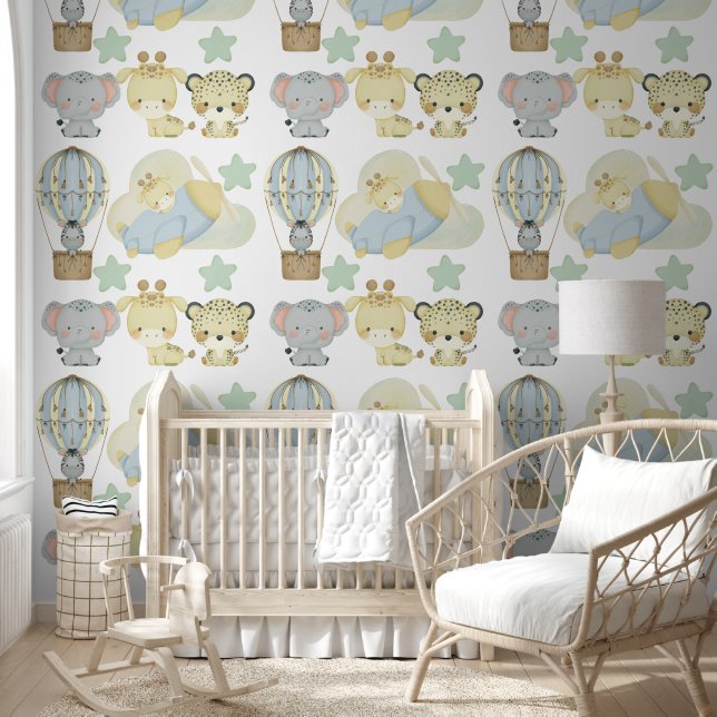 Cute Jungle Animals Blue Nursery Wallpaper (Kids)