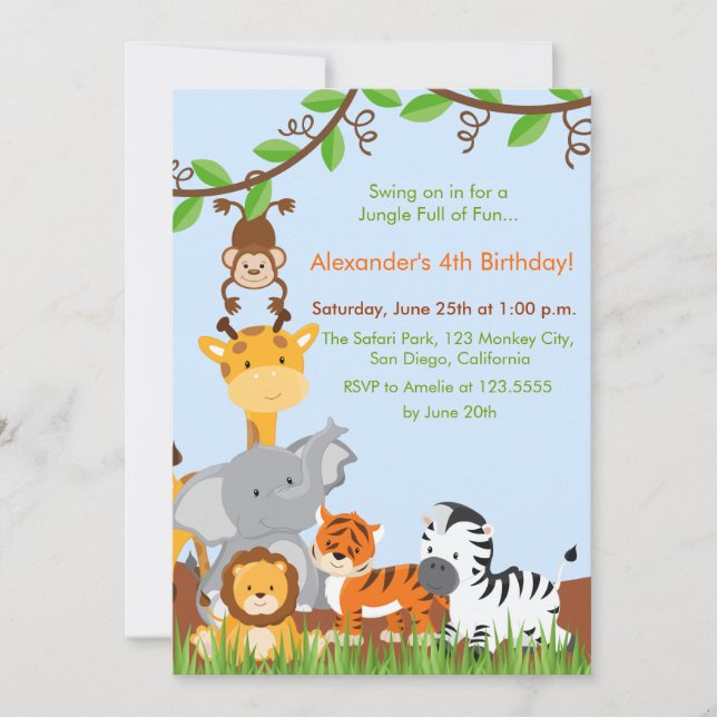 Cute Jungle Animals Boy Birthday Party Invitation (Front)