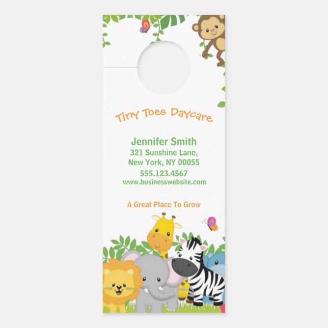Cute Jungle Animals Child Daycare Business Door Hanger (Front)