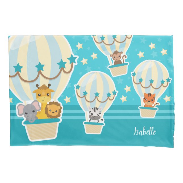 Cute Jungle Animals Flying in Hot Air Balloons Pillowcase (Front)