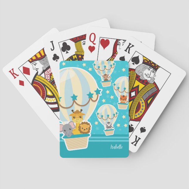 Cute Jungle Animals Flying in Hot Air Balloons Playing Cards (Back)