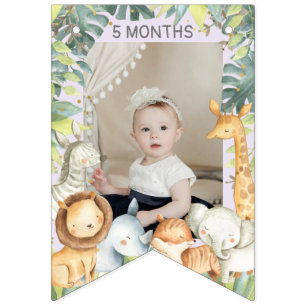 Cute jungle animals girl 1st birthday photo banner
