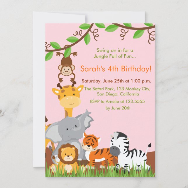Cute Jungle Animals Girl Birthday Party Invitation (Front)