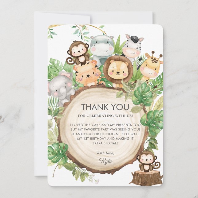 Cute Jungle Animals Greenery 1st Birthday Party Thank You Card (Front)