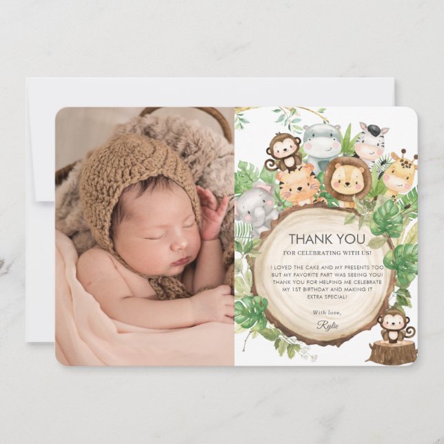 Cute Jungle Animals Greenery 1st Birthday Photo Thank You Card (Front)