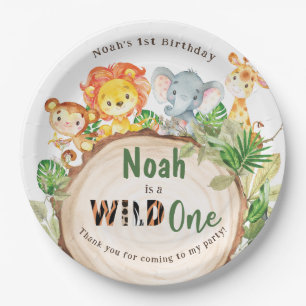 Cute Jungle Animals Greenery 1st Birthday Wild One Paper Plate