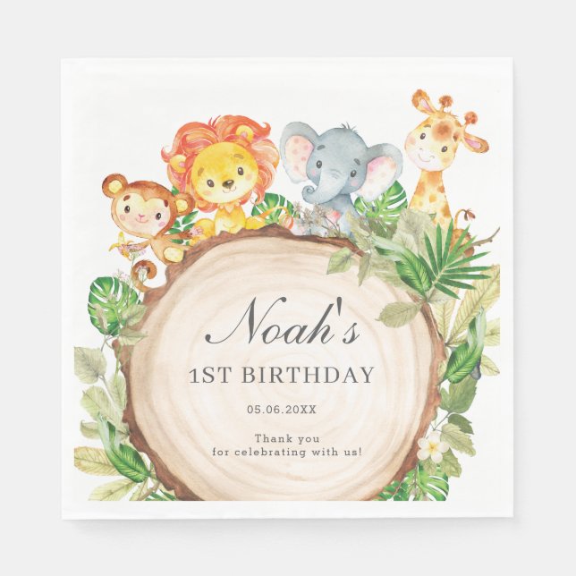 Cute Jungle Animals Greenery Baby Shower Birthday  Napkin (Front)