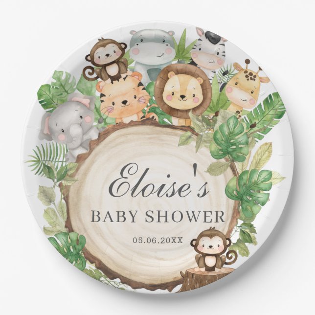 Cute Jungle Animals Greenery Baby Shower Birthday Paper Plate (Front)