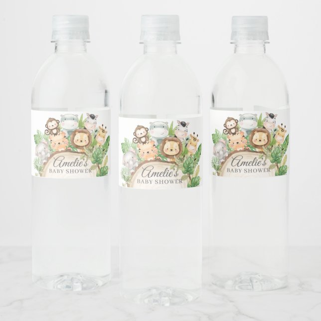 Cute Jungle Animals Greenery Baby Shower Water Bottle Label (Bottles)