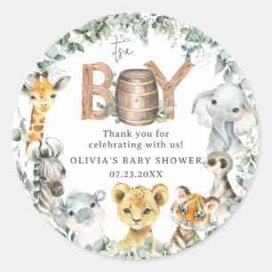 Cute Jungle Animals Greenery Boy Baby Shower Classic Round Sticker