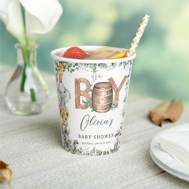Cute Jungle Animals Greenery Boy Barn Baby Shower  Paper Cups (Insitu)