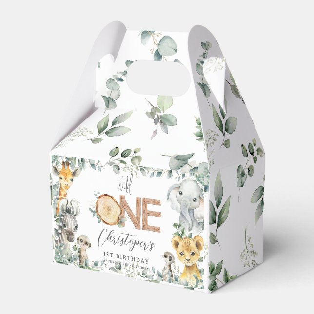 Cute Jungle Animals Greenery Boy Girl 1st Birthday Favour Box (Front Side)
