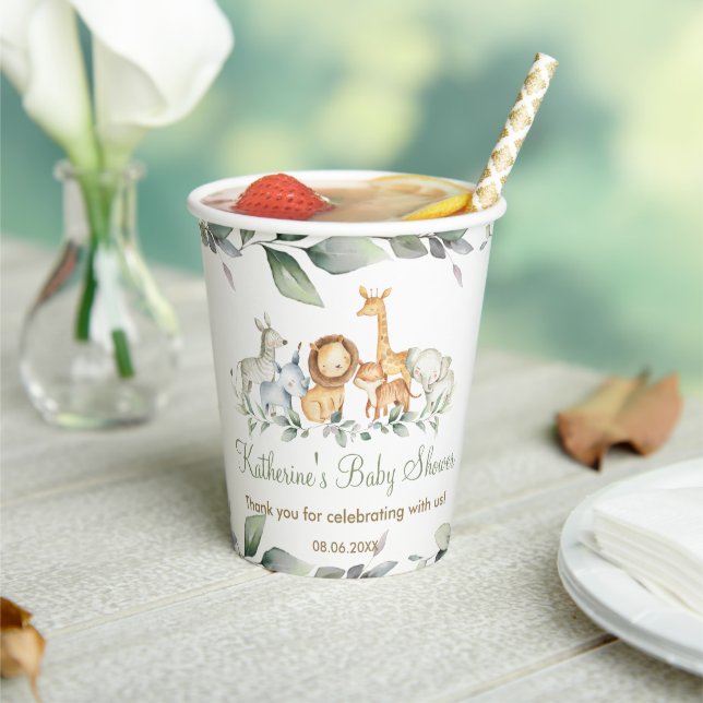 Cute Jungle Animals Greenery Neutral Baby Shower   Paper Cups (Insitu)