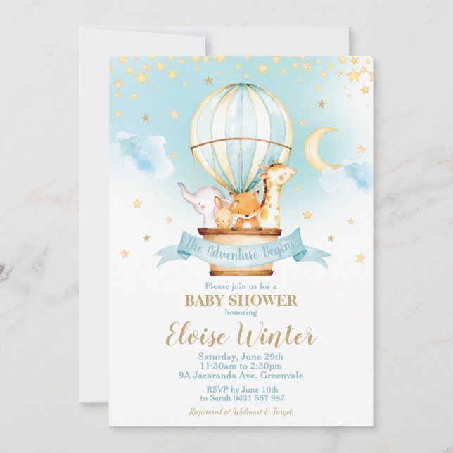 Cute Jungle Animals Hot Air Balloon Baby Shower Invitation (Front)